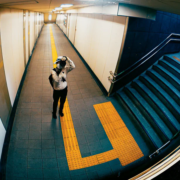 Selfie in an empty metro exit in Japan.